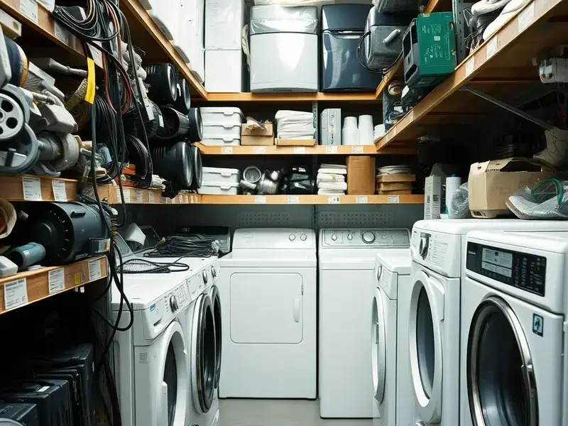 Farmer's Appliance Parts inventory showing washer and dryer components, belts, motors, pumps, and control boards