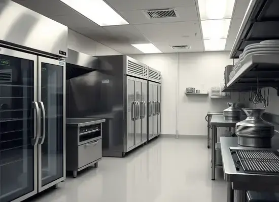Commercial kitchen with multiple refrigeration units, showing Farmer's ability to service commercial appliances