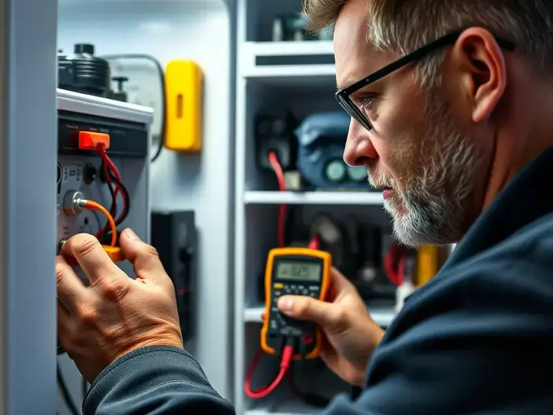 Close-up of Farmer's technician working on refrigerator control panel and electronic components