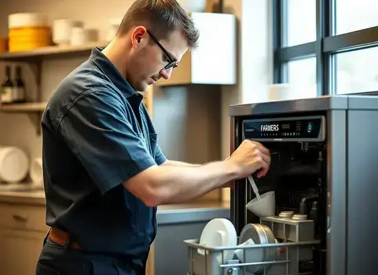 Farmer's technician installing and testing a modern dishwasher, checking water connections and electronic controls