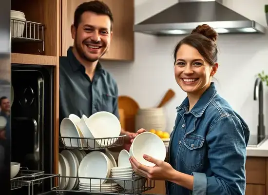 Happy customer smiling after Farmer's technician completes dishwasher repair, showing clean dishes and satisfied expression