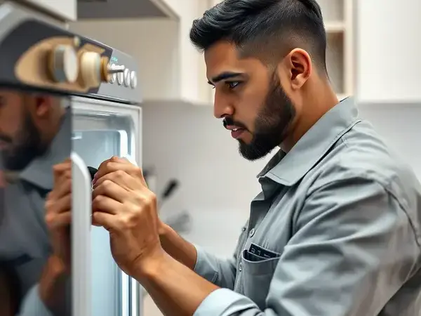 Professional appliance repair technician working on a modern kitchen appliance