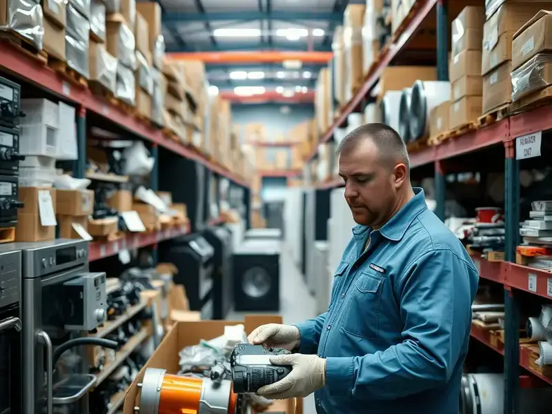 Farmer's Appliance Parts & Services warehouse filled with OEM replacement parts for all major brands