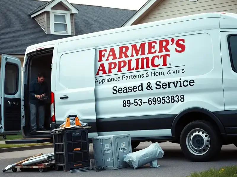 Farmer's Appliance Parts & Services service van parked outside a home with technician unloading tools