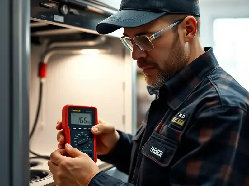Farmer's technician performing diagnostic tests on a modern appliance using professional equipment