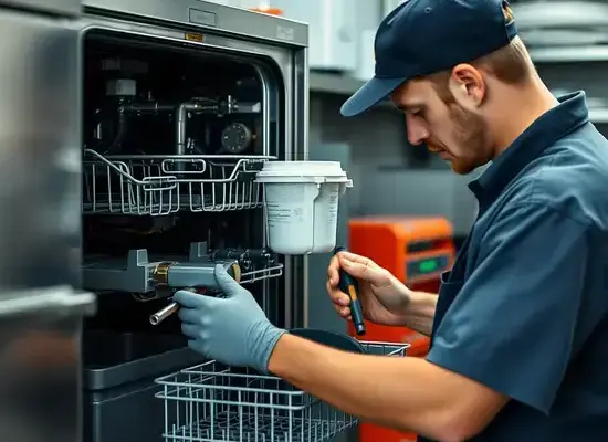 Farmer's technician working on dishwasher components, checking spray arms and filters during service call