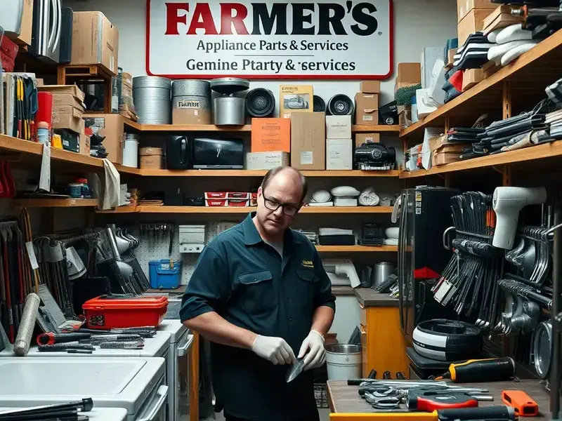 Farmer's Appliance Parts & Services workshop filled with tools and genuine OEM parts